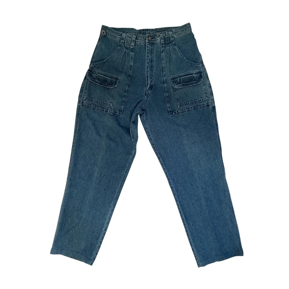 RW Rugged Vintage Mens Blue Denim Cargo Pants Pleated Relaxed Fit 36x32 Utility